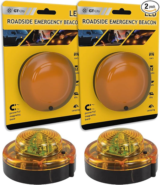 GT-Lite 2 Pack LED Emergency Beacons Yellow,Magnetic Base,2 Modes Flash or Steady,For Roadside Emergency Kit or Amish Buggy,RV,Boat,Super Bright Crush Resistant