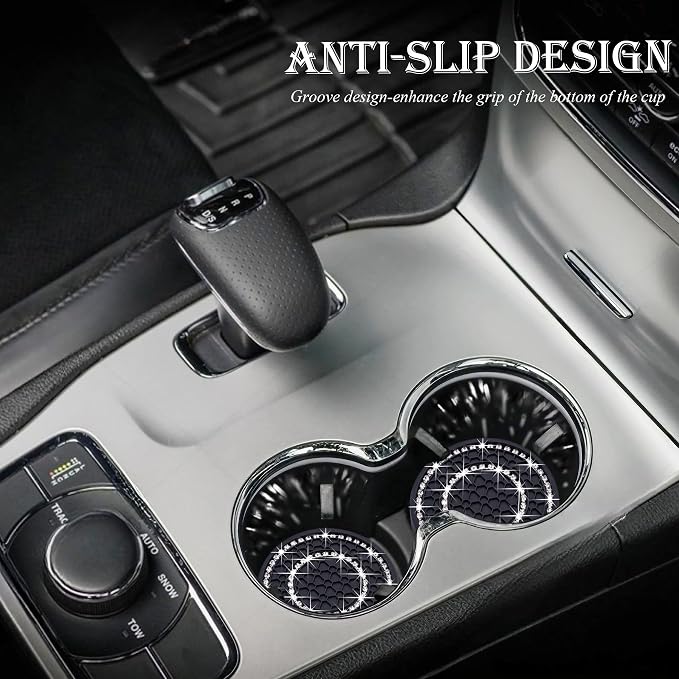 2PCS Bling Crystal Rhinestone Cup Holder Coaster, 2.75 inch Soft Silicone Anti-Slip Shockproof, Car Cup Holder Insert Coasters, Universal Car Interior Accessories for Women (Black & Colorful)
