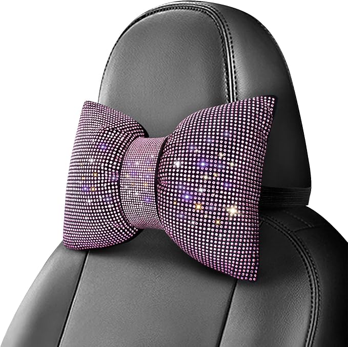 surpassme 2PCS Rhinestone Car Headrest Neck Pillow for Driving with Bling Bling Crystal Bow Pillow Car Accessories for Women (Pink)