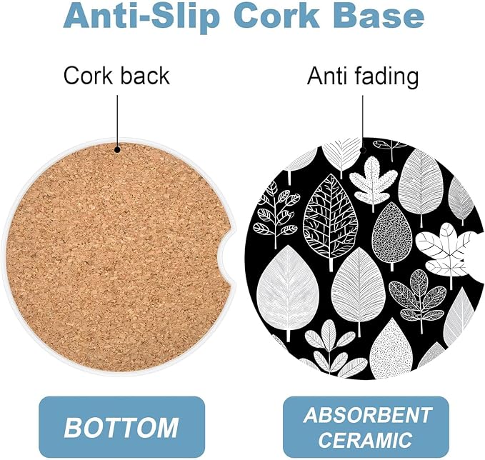 Car Cup Holder Coaster Set of 2, 2.56 in Ceramic Coasters, Scratch-Resistant Cork Backing, Finger Groove Design for Easy Placement, Cute Car Accessories Interior for Women (Black Leaves)