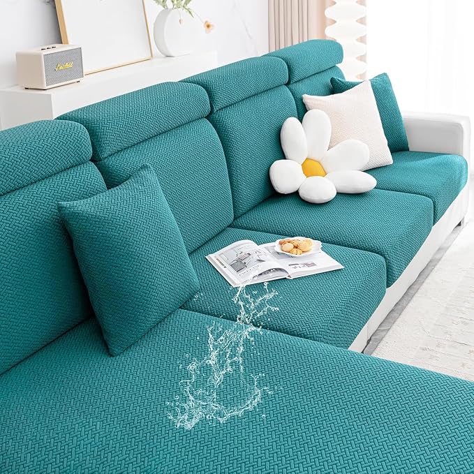 Smiry Waterproof Couch Cushion Covers, Stretch Jacquard Sectional Couch Covers, L Shape Chaise Lounge Sofa Slipcover, Washable Elastic Furniture Protector for Pets, Kid (XL-Chaise Cover,Peacock Green)
