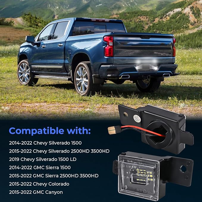 LED License Plate Lights Assembly Compatible with 2014 2015 2016 2017 2018 2019 2020 2021 2022 Chevy Silverado GMC Sierra 1500 2500HD 3500HD 2015-2021 Colorado Canyon Accessories Tag Lamp 6000K White