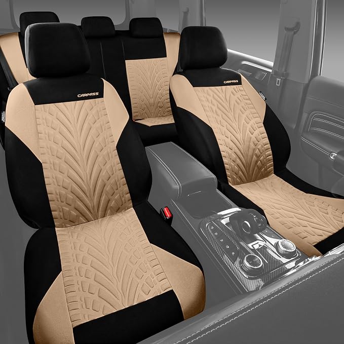 CAR PASS Car Seat Covers Full Sets, Front & Split Rear Bench for Car, 3D Tyre Embossed Automotive Interior Covers, Airbag Compatible, Quick Setup Universal Fit Seat Covers for Car, SUV(Black Beige)