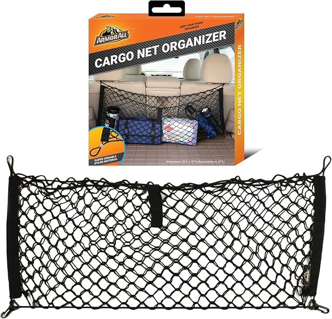 Armor All Cargo Net Organizer, 12” x 31” Inch Expandable up to 47” Inches, Super-Durable Nylon Material, Attaches to Headrest Post, Stretchable Net Car Trunk Organizer with Mesh Pocket, Universal Fit