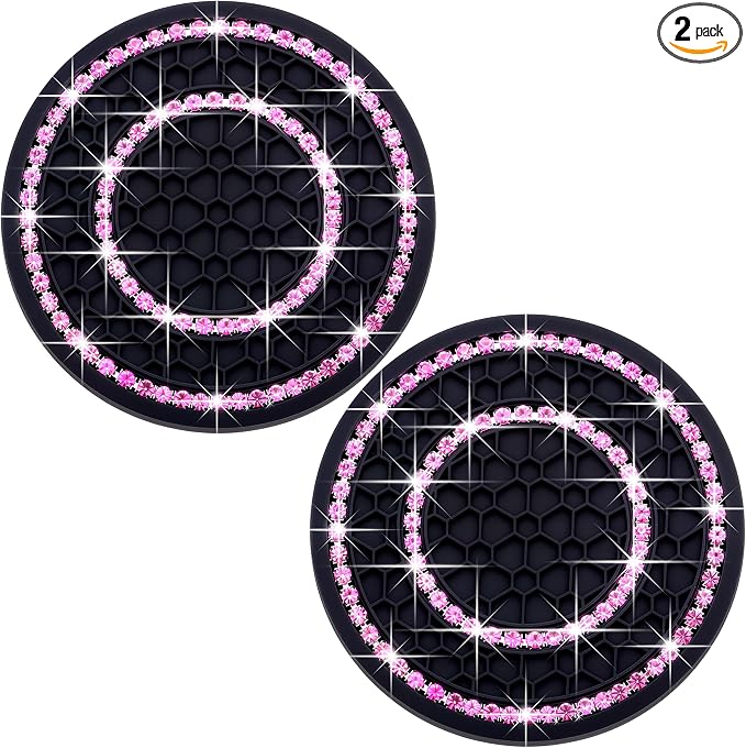 2PCS Bling Crystal Rhinestone Cup Coaster Insert, 2.75 inch Soft Silicone Anti-Slip Shockproof, Car Drink Holder Coaster, Universal Car Interior Accessories for Women (Black & Pink)