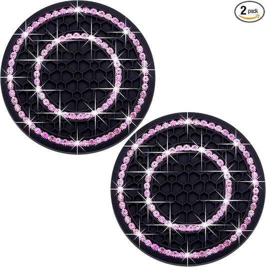 2PCS Bling Crystal Rhinestone Cup Coaster Insert, 2.75 inch Soft Silicone Anti-Slip Shockproof, Car Drink Holder Coaster, Universal Car Interior Accessories for Women (Black & Pink)