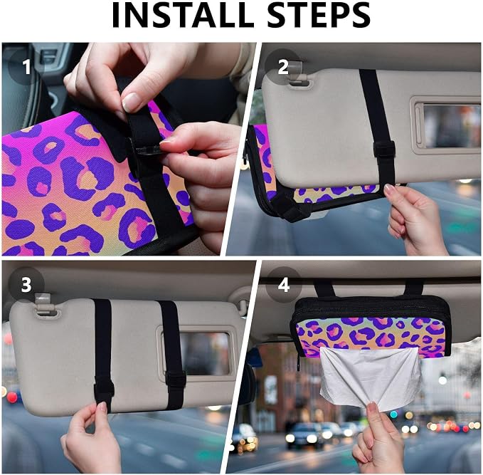 Car Tissue Holder Car Napkin Holder Tissue Box Dispenser Storage Case Sun Visor Mask Holder Accessories with Adjustable Straps Reusable Refillable Neon Gradient Leopard Print