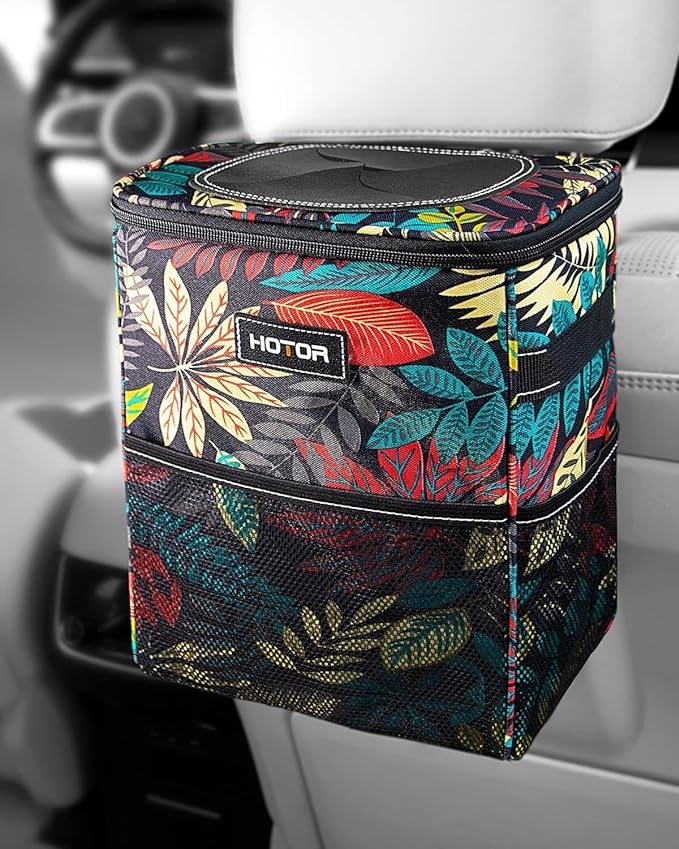 HOTOR Car Trash Can with Lid and Storage Pockets - 100% Leak-Proof Organizer, Waterproof Garbage Can, Multipurpose Trash Bin for Car, 2 Gallons, Autumn Leaves