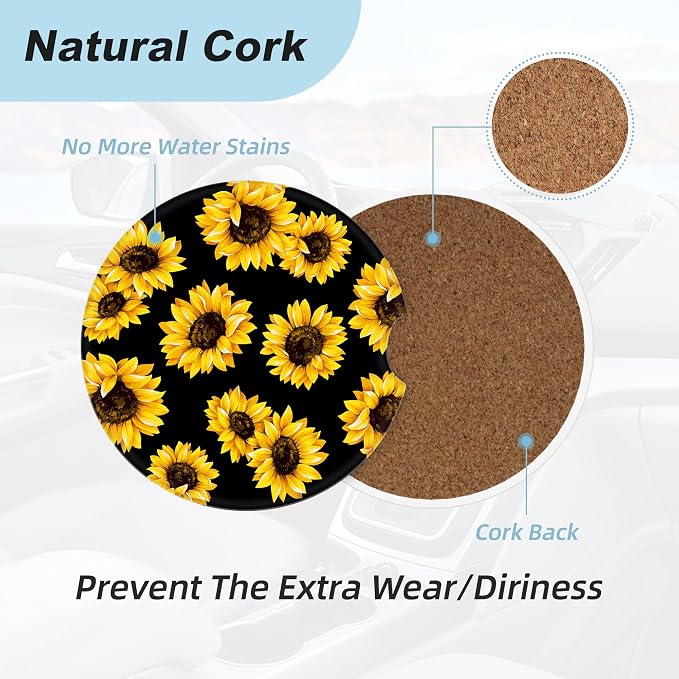 Sunflower Car Coasters for Cup Holders,2 Pack Car Cup Holder Coasters for Car,Ceramic Absorbent Car Coaster with A Finger Notch and Cork Base,Car Interior Accessories for Women Men