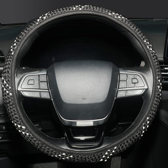 KAFEEK Elastic Mesh Car Steering Wheel Cover, Cute Black White, 15 Inch | Cooling Breathable Fabric, Non Slip Protector for Women Men, Summer Winter, Universal Fit
