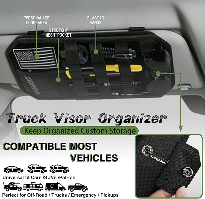 Car Sun Visor Organizer, Tactical Molle Panel Visor Storage Organizer with Sunglasses Holder for Police Gear & Overland Accessories, Universal Fit for Trucks, SUVs, Jeeps & Patrols, Black