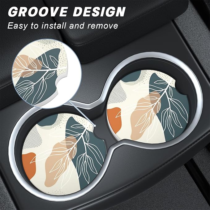 Aiawoxc Car Cup Holder Coasters, 2 Pack Universal Auto Anti Slip Insert Coaster with A Finger Notch, Cup Mat for Most Car Interior, Desert Leaf