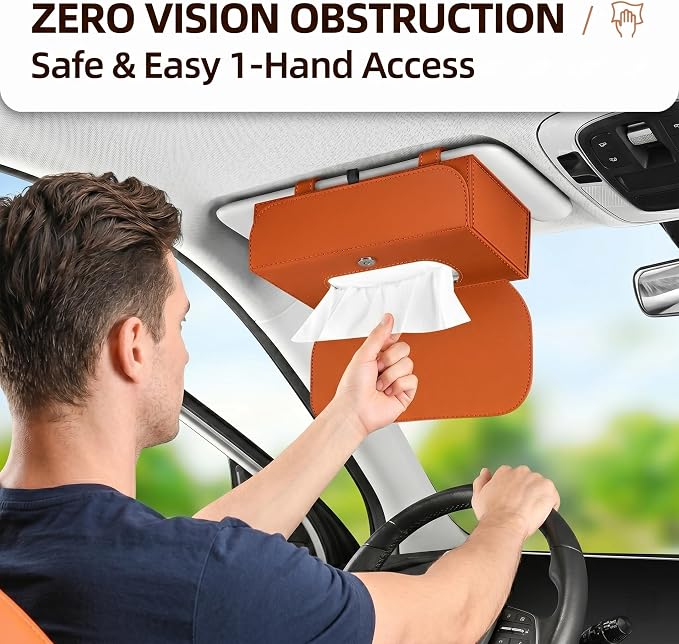 Magnetic Foldable Car Tissue Box - Easy-Install Tissue Holder for Sun Visors and Seat Backs,Premium Leather Car Napkin Organizer—Designed for Commuters,Rideshare Drivers and Families(Orange)