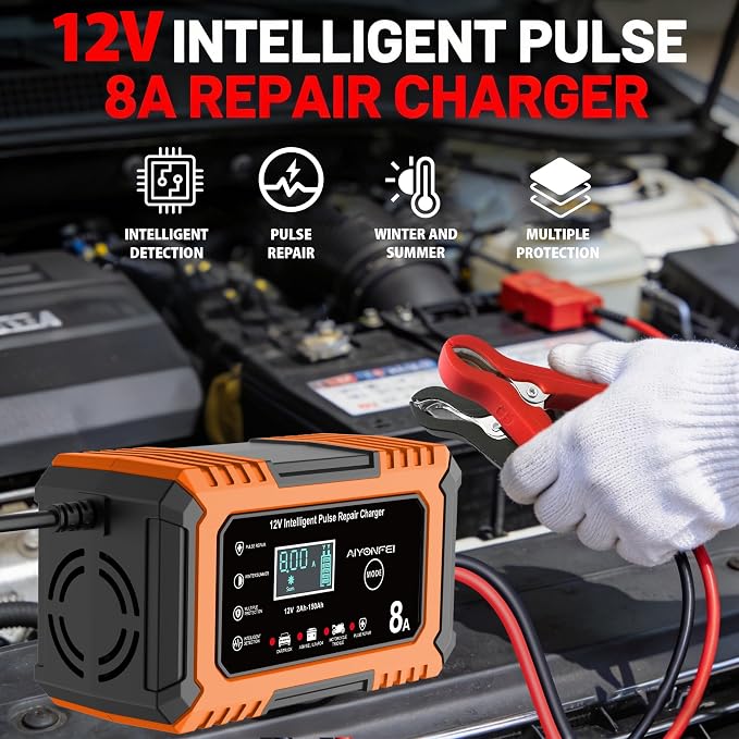 12V Battery Charger 8-Amp Smart Trickle Charger, Orange | Battery Maintainer and Desulfator, Temperature Compensation, for Car, Truck, SUV, Motorcycle, Boat, Lead Acid, LiFePO4