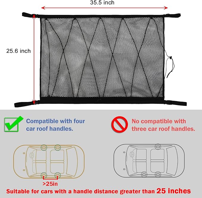Car Ceiling Storage Net | Double Zipper, Adjustable Strap Prevent Falling, Double-Layer Mesh Long Road Trip Camping Van SUV Roof Cargo Pocket Organizer for Putting Quilt Toys Towel Sundries