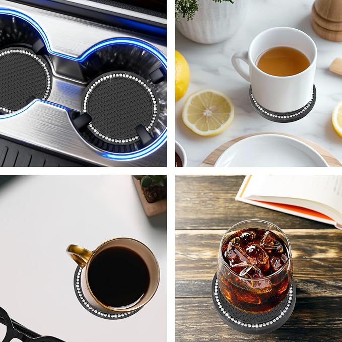 BFXM 4 PCS Bling Cup Holder Coasters for Car, 2.75 inch Diamond Universal Non-Slip Silicone Cup Holder Coasters, Sparkly Bling Car Accessories for Women(White Diamond)
