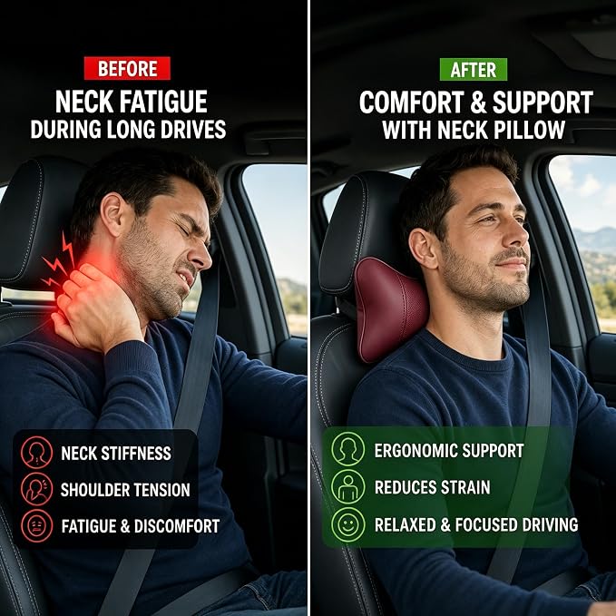Car Pillow for Car Neck Pillow for Driving Seat Leather Neck Support Soft Cushion Support Head-Rests for Vehicle Sleeping with Elastic Adjustment Strap 2PCS (Neck, Red)