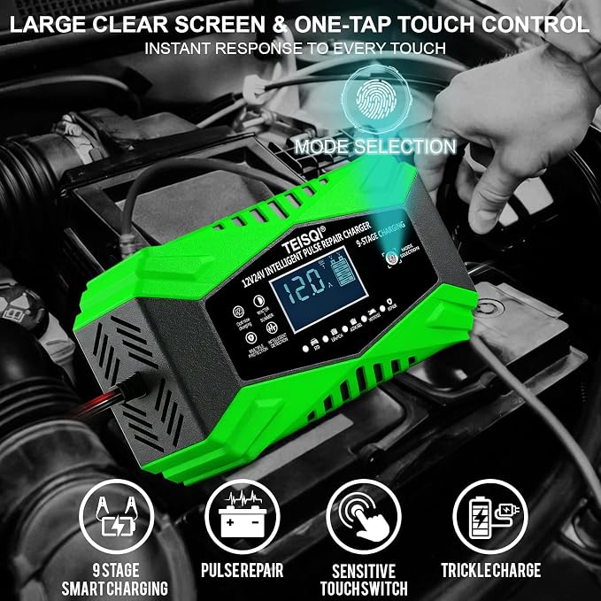 Battery Charger,12-Amp 12V/24V Smart Battery Trickle Charger | Automotive Battery Maintainer Desulfator,with Temperature Compensation,for Car Motorcycle Mower Lead Acid/LiFePO4