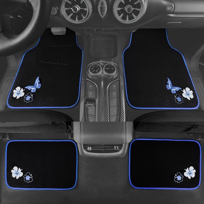CAR PASS Universal Fit Embroidery Butterfly and Flower Car Floor Mats, Blue Car Floor Mats Fit 95% Automotive,SUVS,Sedan,Vans,for Women,Girly,Set of 4 (Black with Blue)