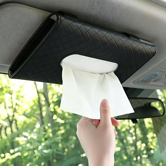 Car Tissue Holder, Car Sun Visor Napkin Box, Premium PU Leather, Universal Auto Napkin Case, Mask Holder for Vehicle, with Tissue Refill, Interior Accessories, Black