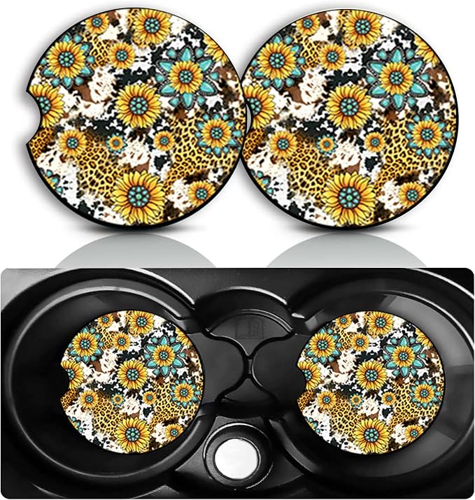 Western Sunflower Car Cup Holder Coasters Set of 2 – Fun Leopard Sunflower Car Accessories 2.75" Universal Size Anti Slip Rubber Mat Auto Insert Coasters Decor Sunflowers Gifts for Women Men