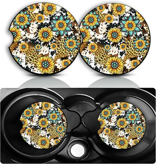 Western Sunflower Car Cup Holder Coasters Set of 2 – Fun Leopard Sunflower Car Accessories 2.75" Universal Size Anti Slip Rubber Mat Auto Insert Coasters Decor Sunflowers Gifts for Women Men