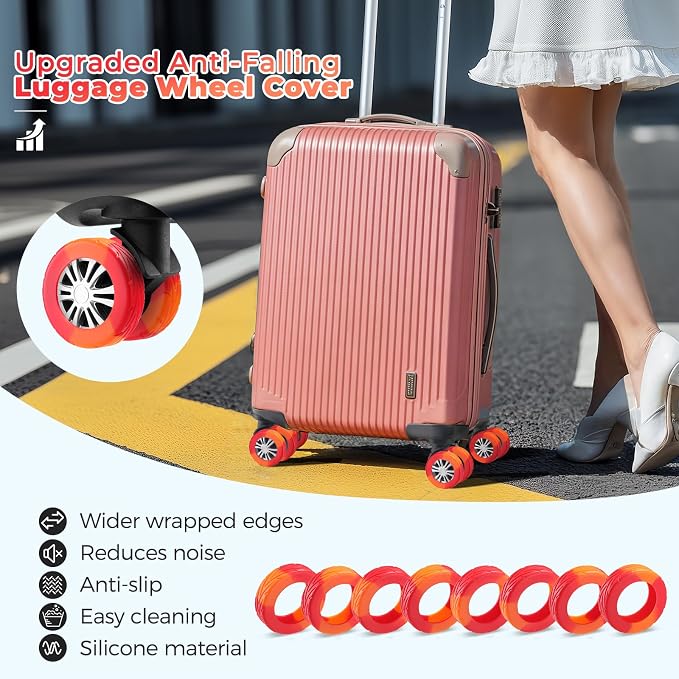 8Pcs Upgrade Luggage Wheel Covers,Travel Accessories (Bright Red/Orange) | Wear-resistant & anti-noise silicone covers. Fits 2-2.4" wheels. Protects suitcase wheels. Travel essential for suitcases