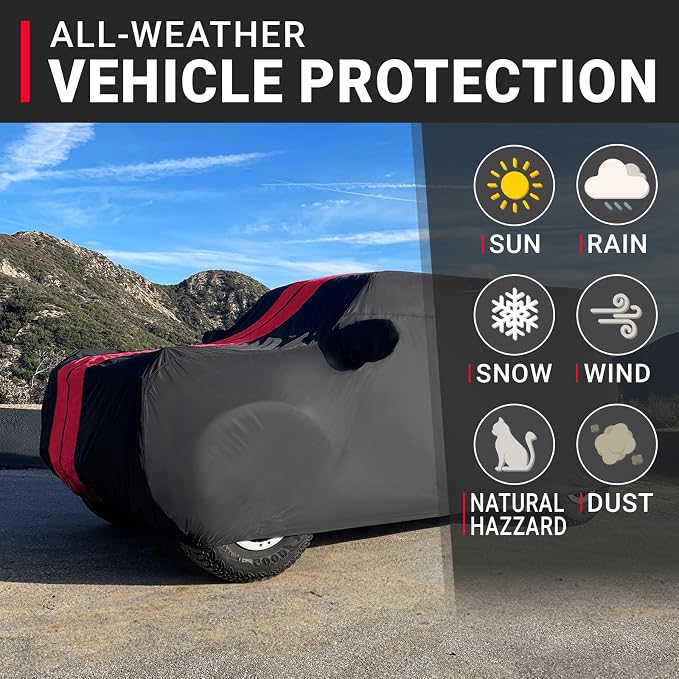 iCarCover Premium Heavy Duty SUV Car Cover - Waterproof All Weather Rain Snow UV Protection, FJ Cruiser, QX50, QX55, Defender 110, Grand Wagoneer, Venza, Size S53 (See Size Chart), Stripe - Black/Red