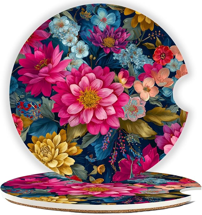 Car Cup Holder Coaster Set of 2, 2.56 in Ceramic Coasters, Scratch-Resistant Cork Backing, Finger Groove Design for Easy Placement, Cute Car Accessories Interior for Women (Colorful Flowers)