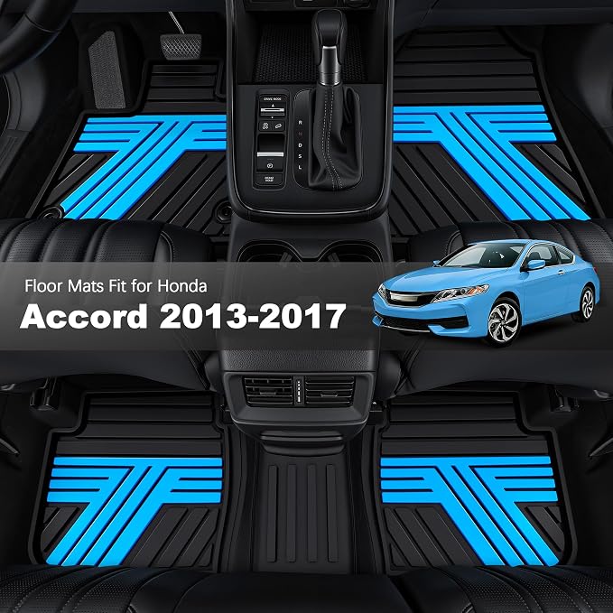Floor Mats Fit for Honda Accord Sedan 2017 2016 2015 2014 2013, All Weather Rubber Custom Fit Anti-Slip Car Floor Liner, 1st & 2nd Row, Black & Blue (Not for Coupe)