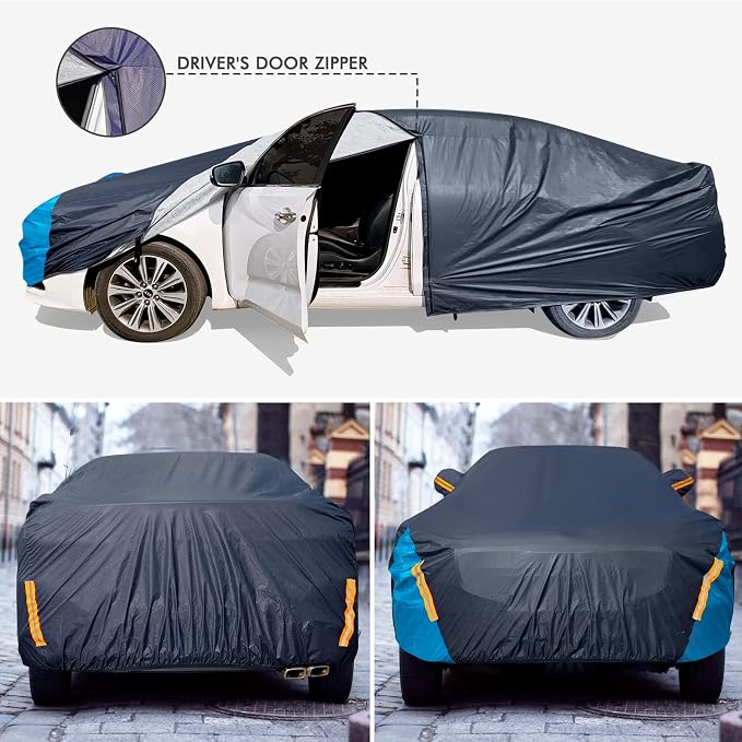 Car Cover Waterproof All Weather for Automobiles, 6 Layers Outdoor Full Exterior Cover Rain Sun UV Snowproof Protection with Zipper Cotton, Mirror Pocket for Sedan (196-210 inch)