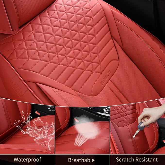 FLORICH Seat Covers, Car Seat Covers Full Set, Luxury Nappa Leather Seat Covers, Breathable and Waterproof Car Seat Protector 5 Seat, Automotive Seat Covers Universal Fit for Most Cars-Red