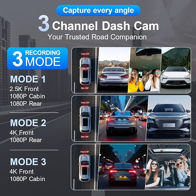 4K 3 Channel Dash Cam Front and Rear - Dash Camera for Cars - 5.8GHz WiFi GPS dashcam with IR Night Vision, 2.5K+1080P*2 Triple Car Camera 3.16" IPS, 32GB Card, G-Sensor, 24H Parking Mode