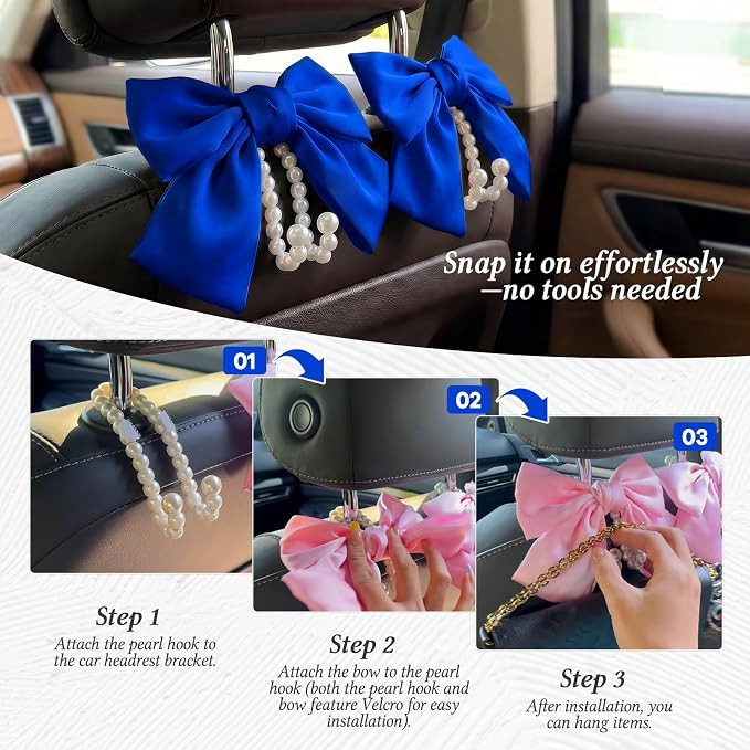 2PCS Satin Bow Pearl Car Seat Headrest Hooks – Car Bag Holder & Vehicle Hanger for Purses – Cute Coquette Aesthetic Interior Decoration – Cute Auto Organizer Accessories Universal (Deep Blue)