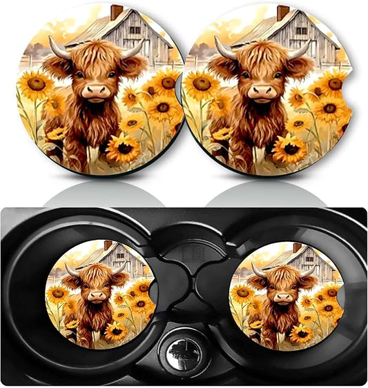 2Pcs Highland Cow Cars Coasters,2.75" Neoprene Rubber Cup Holder Coasters | Universal Non‑Slip Mat, Drink Coaster Decor Auto Accessories Highland Cows Gifts for Women,Men