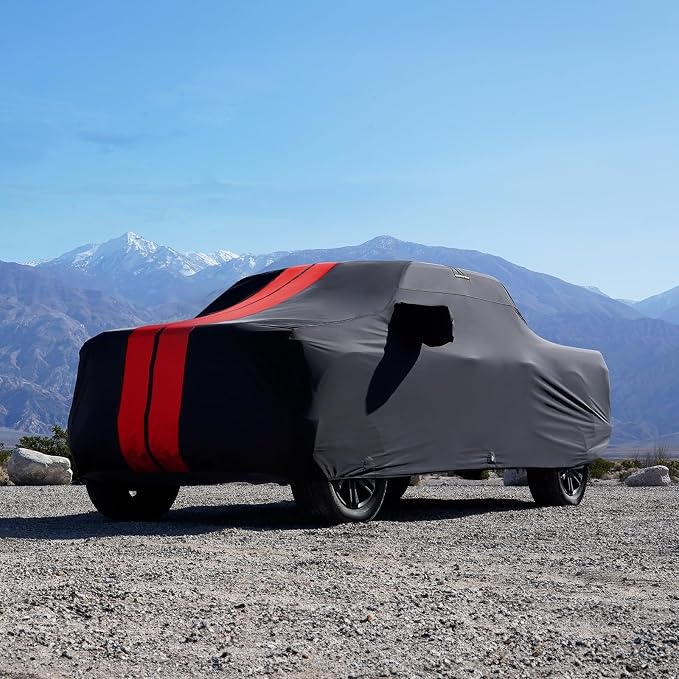 iCarCover Premium Plus Truck Cover Waterproof All Weather Rain Snow UV Sun Protection, Tacoma, Frontier, Explorer, Ridgeline, Ranger, Colorado, Dakota, Size T82 (See Size Chart) Stripe - Black/Red