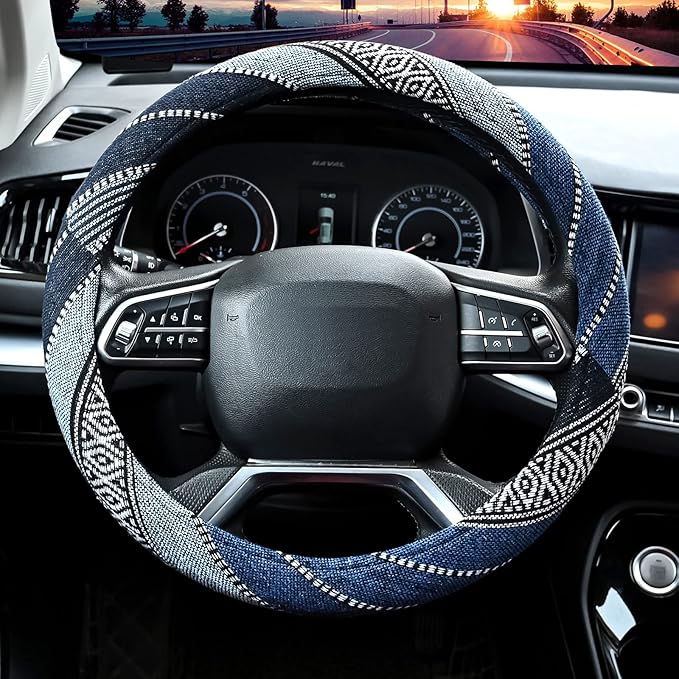 Valleycomfy Boho Steering Wheel Covers for Women Cloth Bohemian Universal | 15 inch Baja Blanket Enthic Blue
