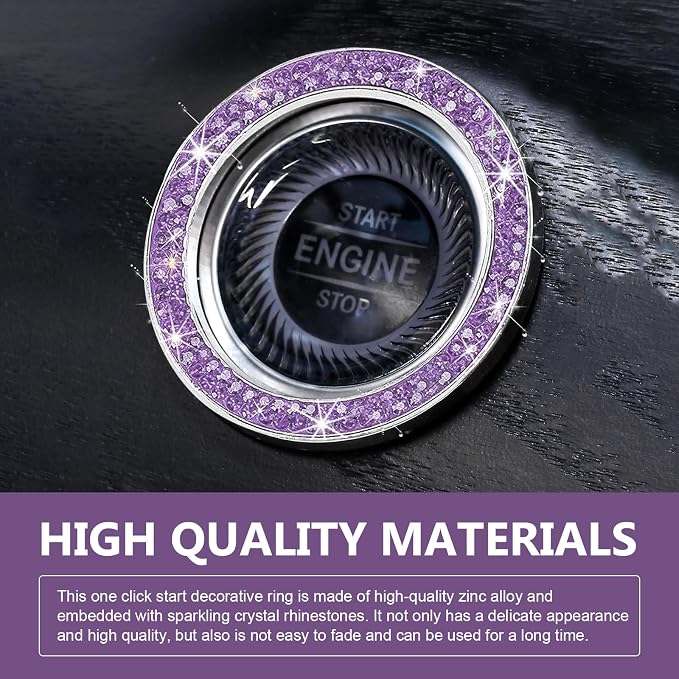 2PCS Car Engine Start Decoration Ring, Bling Crystal Double Rhinestone Push to Start Button Cover Sticker, Car Interior Accessories for Women,Fit for Key Ignition Knob Ring Decoration(Purple)