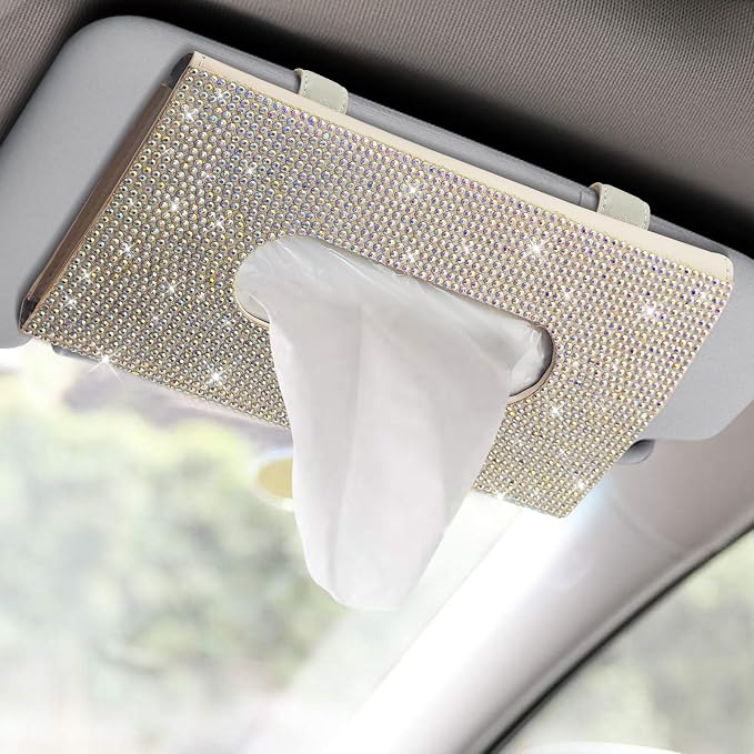 Bling Car Sun Visor Tissue Box Holder, Visor Accessories, Rhinestone PU Leather Crystal Sparkling Napkin Holder, Auto Sun Visor Paper Towel Cover Case Accessories for Most Cars (Beige+Colorful)