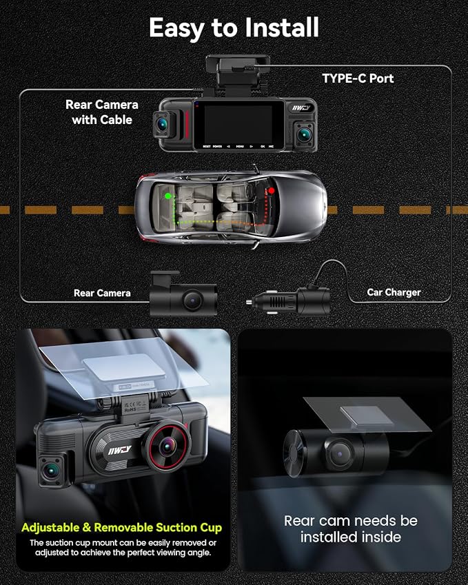 IIWEY N6 PRO STARVIS 2 4K 4-Channel Dash Cam, 360° All-Around View (4K+1080Px3), Front Rear and Dual Inside Car Camera, 5GHz WiFi, GPS, 8-IR Lamps Night Vision, Free 128GB Card, 24/7 Parking Mode