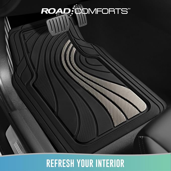 Road Comforts Car Floor Mats Full Set – Front & Rear Car Floor Mats with Aluminum Design, Anti-Slip Backing, All-Weather Protection, Trim-to-Fit Car Mats for Most Sedans, SUVs & Vans - Light Grey