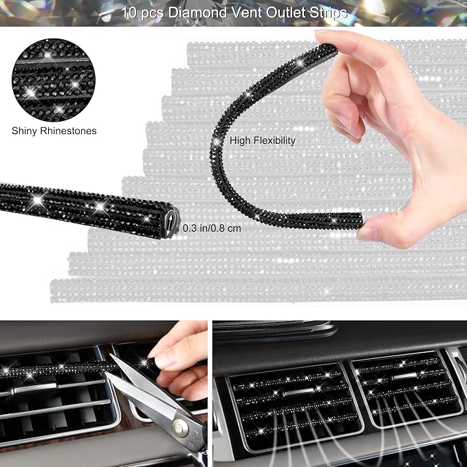 CAR PASS 30 PCS Bling Diamond Car Accessories Set for Women, Bling Steering Wheel Covers 15 Inch, Shining Rhinestone License Plate Frame, Sparkly Phone Holder, Cute Interior Set Decorations, Black
