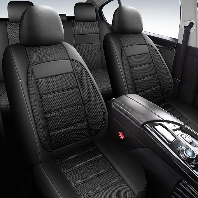 HChengkikz Car Seat Covers, Leather, 3D Foam Back Support (Black) | Air Mesh, Airbag Compatible, Universal Fit for Most Cars, Vans, Trucks, SUVs