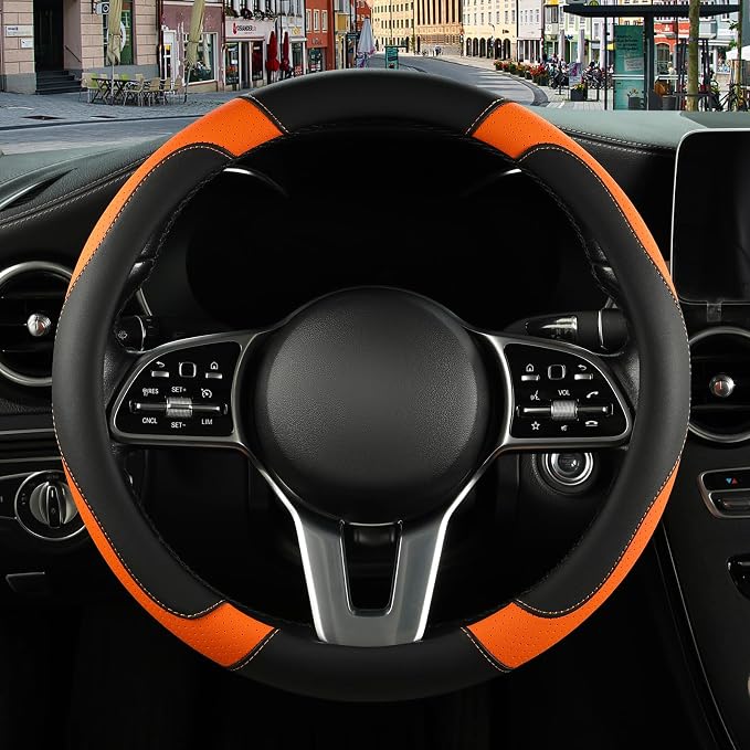 Black Orange Breathable Microfiber Leather Steering Wheel Cover | Breathable Anti Slip Grip Cool Sporty Look Glow for Women Men