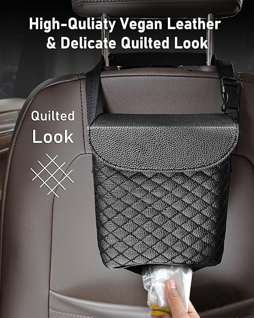 BELINOUS Leather Car Trash Can with Matching Tissue Holder | Waterproof and Leakproof, Mini Car Trash Can with Lid, Adjustable Strap, Small Garbage Bin