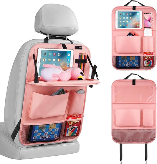 LUCMO Car Backseat Organizer with Foldable Tablet Holder, Pink | 6 Storage Pockets,Foldable Food Tray,Protectors Kick Mats,Travel Accessories,Seat Cover,Road Trip Essentials