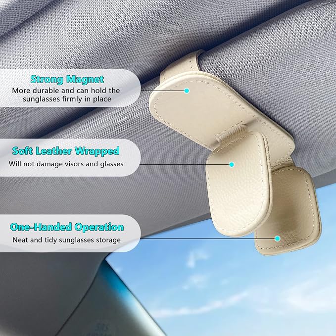 Visonx Sunglass Holder for Car Visor Clip, Magnetic Leather Eyeglass Hanger Clip for Car, Square Car Visor Accessories (White)