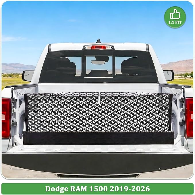 3-Layer Cargo Net for Dodge RAM 1500 2019-2026, Zipper Bag Truck Bed Net for Groceries, Heavy Duty Oxford Cargo Organizer Storage Nets with Carabiners