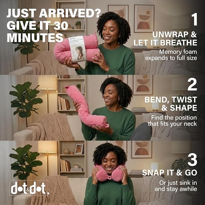 Dot&Dot Twist Memory Foam Travel Pillow, Bendable Neck Pillow for Airplane, Car and Home, 26-Inch Adjustable Roll with Washable Cotton Cover, Pink