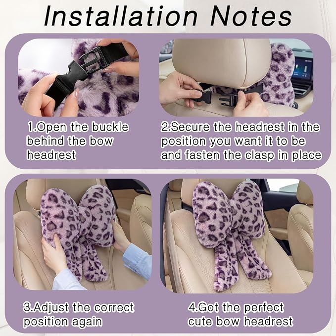 Macarrie 2 Pcs Car Neck Pillow Plush Butterfly Bow Car Headrest Pillow Comfortable Seat Neck Support Cute Head Rest Accessories for Driving Travel Driver Chair Girl Interior Decor(Purple,Leopard)